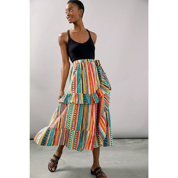 New Anthropologie Bea Ruffled Eyelet Wrap Maxi Skirt Size Extra Small - Picture 1 of 9